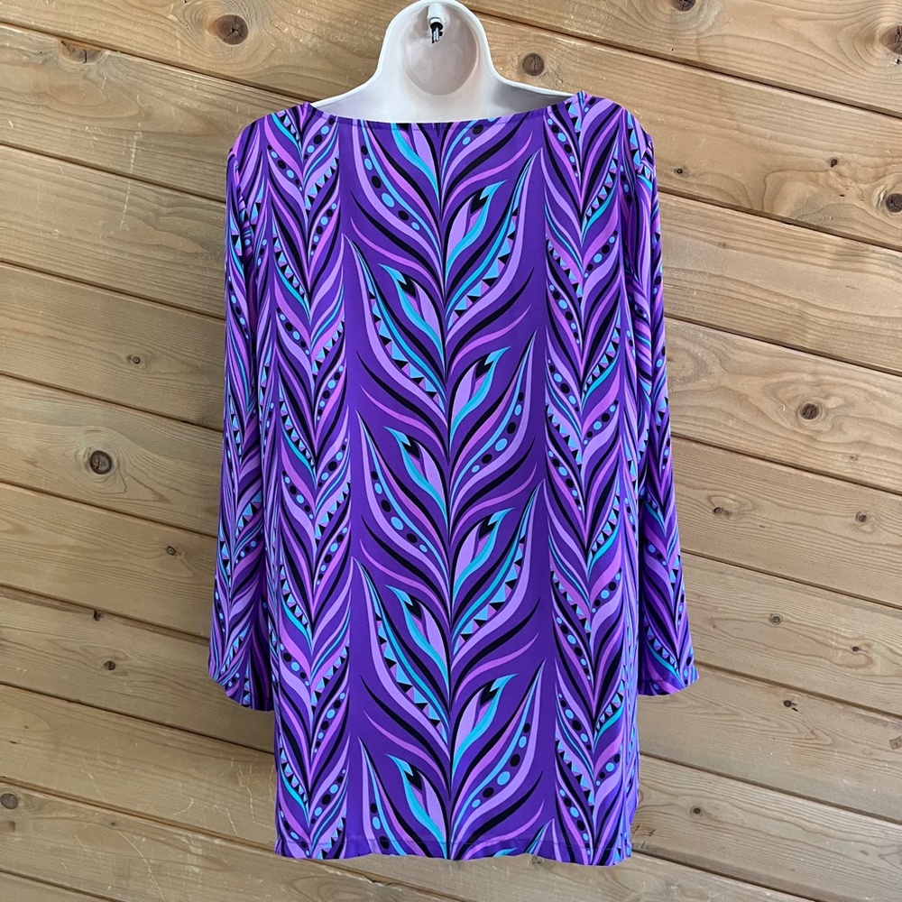 Bob Mackie Wearable Art Purple Teal Abstract Geometric Long Sleeve Tunic Top L - Picture 6 of 11
